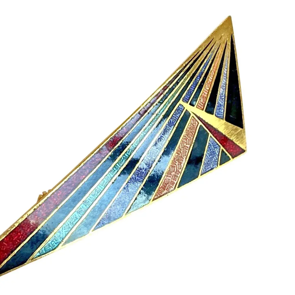 Vintage Siti Jewelry Brooch Mod Geometric Enamel On Goldtone Pin Triangle Shape